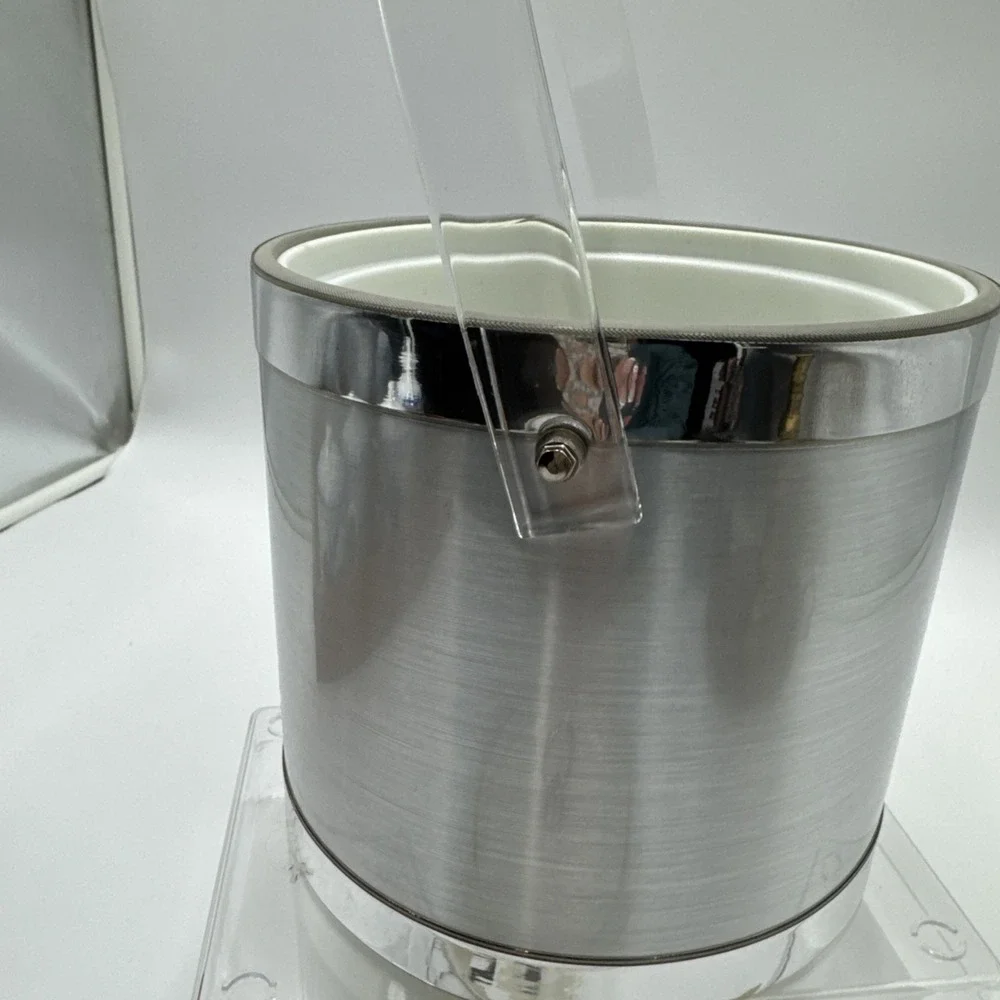 Georges Briard Vintage Ice Bucket Chrome With  Clear‎ Lucite Handle And Lid